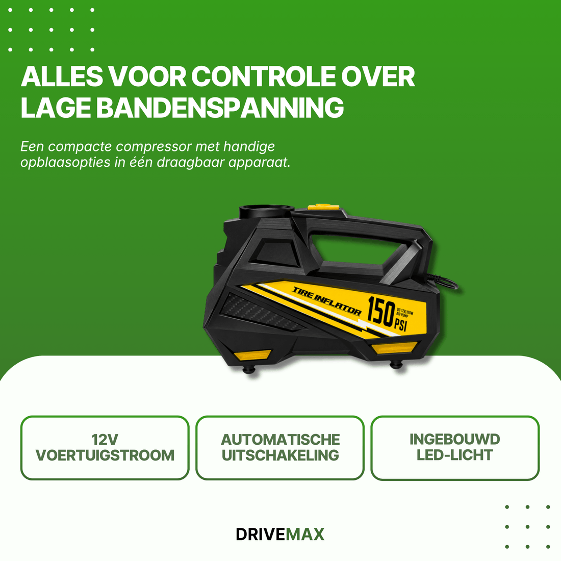 Compressor aangesloten op autoband, autostop-functie zichtbaar op verlicht display