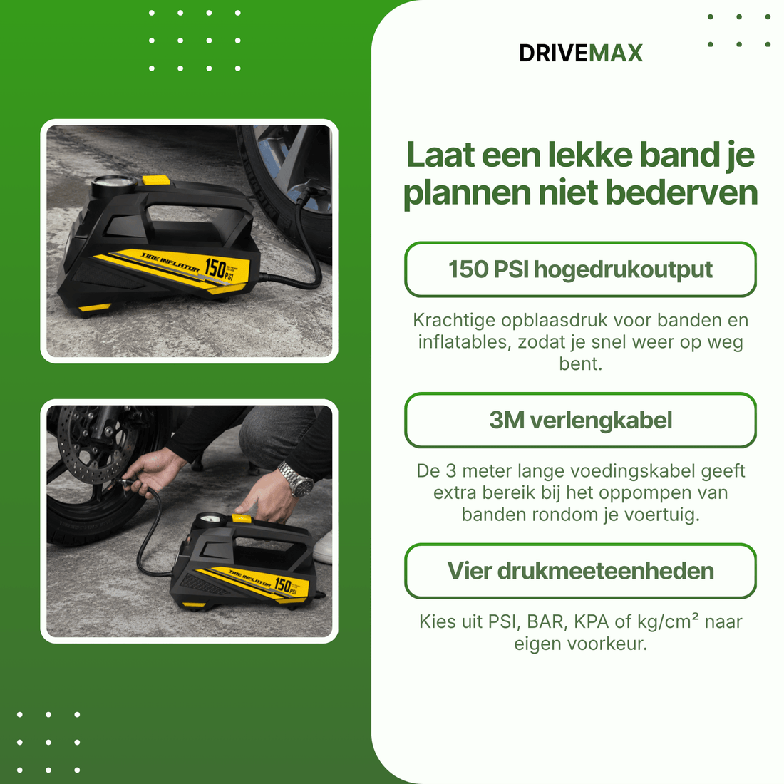 Bovenaanzicht compressor met drukmeter, slang en accessoires uitgestald