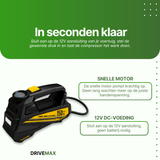 Hand houdt compressor vast tijdens het oppompen van een fietsband buitenshuis