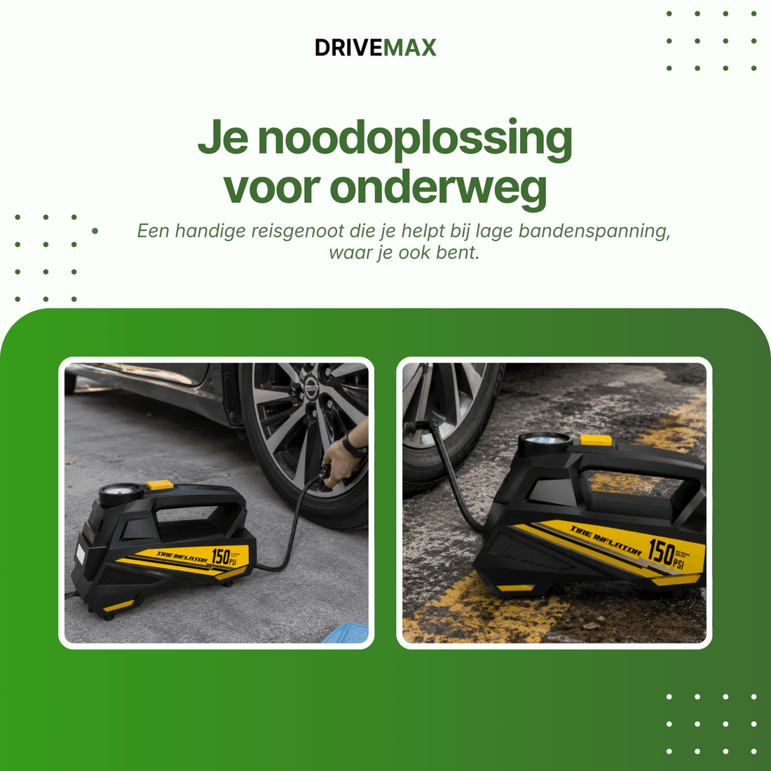 Compressor met USB-kabel en opberghoes naast elkaar op tafel