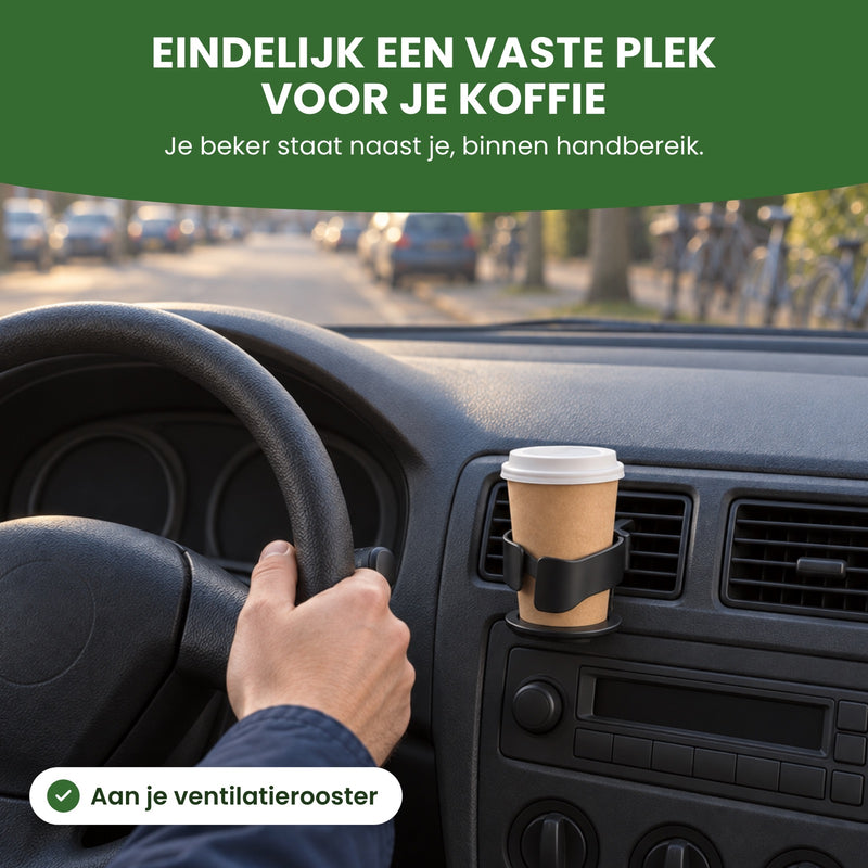 Beker koffie in de CupMate bekerhouder naast het stuur, op een ochtendrit door een straat: eindelijk een vaste plek voor je koffie