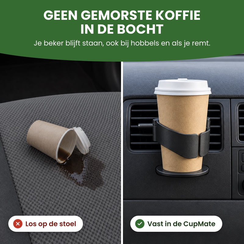 Links een omgevallen beker koffie op de autostoel, rechts de beker in de CupMate aan het rooster: geen gemorste koffie in de bocht