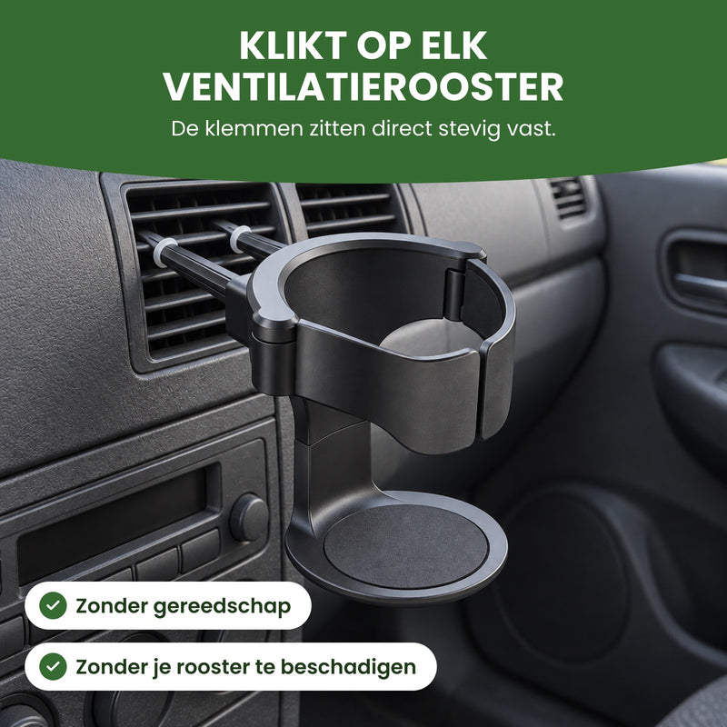Lege CupMate bekerhouder schuin van opzij, met twee klemmen in het ventilatierooster: klikt op elk ventilatierooster, zonder gereedschap