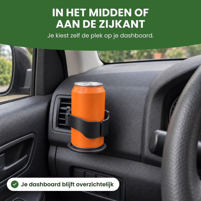 CupMate bekerhouder met een blikje aan het rooster naast het portier van de bestuurder: in het midden of aan de zijkant van je dashboard