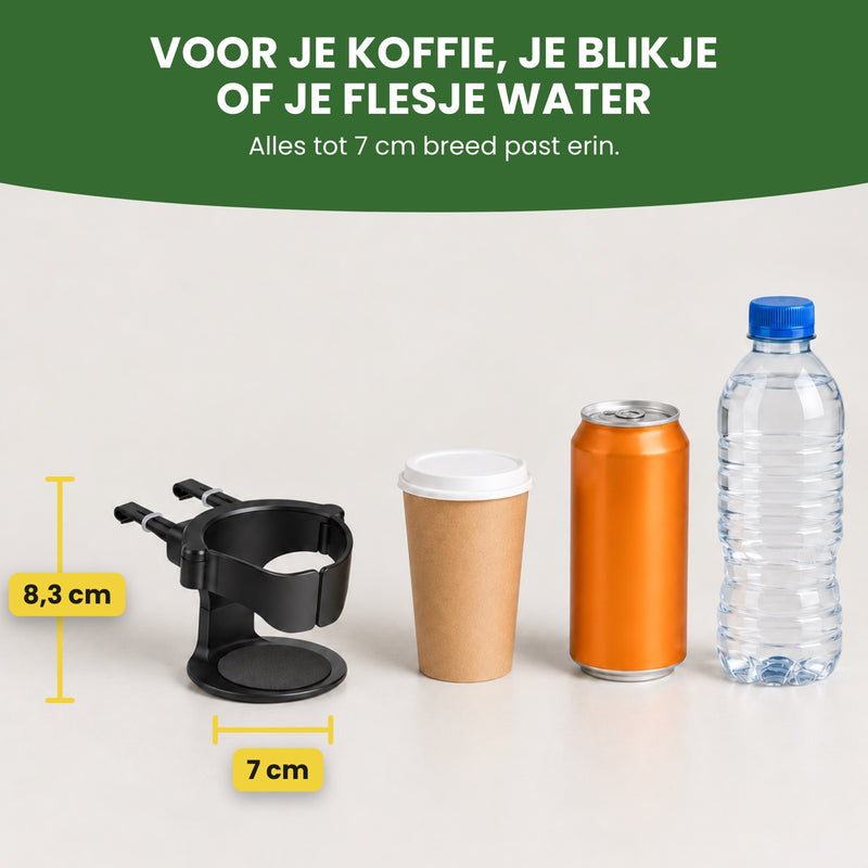 CupMate bekerhouder met een beker koffie, een blikje en een flesje water ernaast: 8,3 cm hoog, voor alles tot 7 cm breed