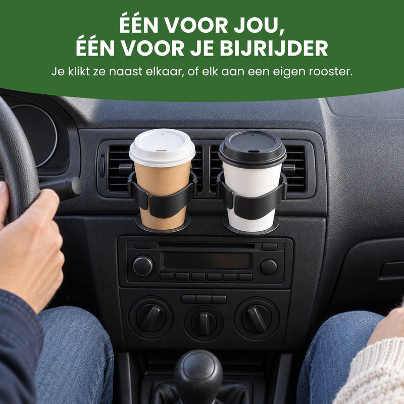 Twee CupMate bekerhouders naast elkaar aan het rooster, elk met een beker koffie: één voor jou, één voor je bijrijder