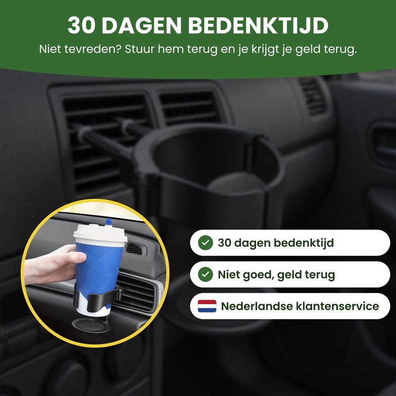 CupMate bekerhouder met de labels ‘Niet goed, geld terug’ en ‘Nederlandse klantenservice’ met een Nederlands vlaggetje: 30 dagen bedenktijd