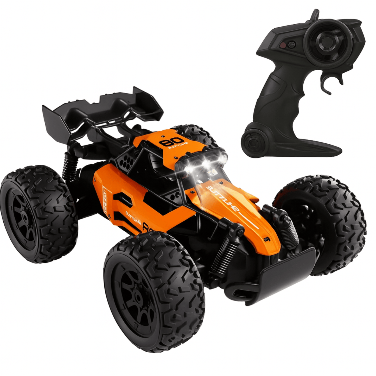 Oranje DashRacer™ bestuurbare auto met afstandsbediening, grote offroad banden en heldere LED-koplampen.