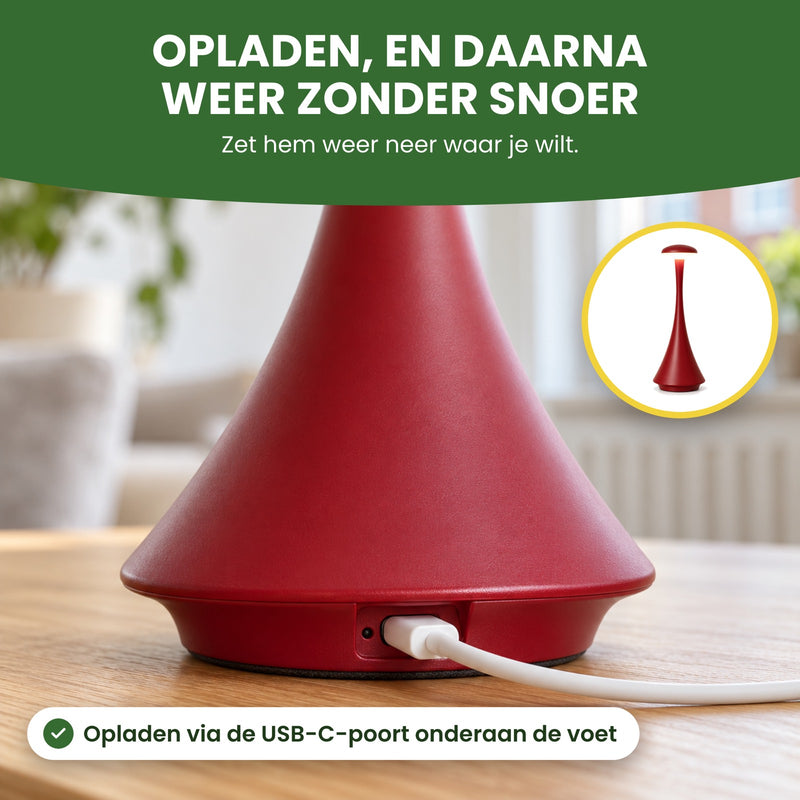 Voet van de Domova van dichtbij met een USB-C-kabel in de poort onderaan: opladen en daarna weer neerzetten waar je wilt