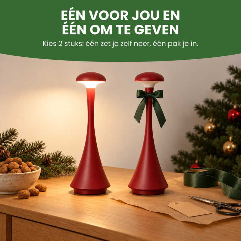 Twee Domova-lampen op een dressoir in december, één met een strik: één voor jou en één om te geven