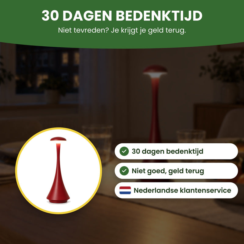 De Domova tafellamp in een cirkel, met Nederlandse klantenservice: 30 dagen bedenktijd, niet goed geld terug