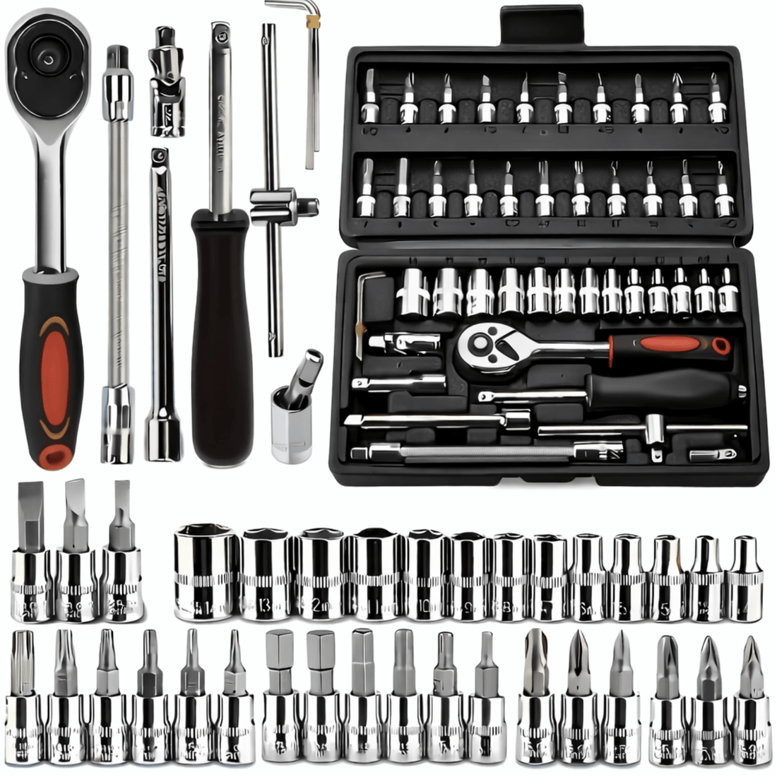 Uitgebreide doppenset met ratel, verlengstukken en bits, ideaal voor precisieklussen en onderhoud.