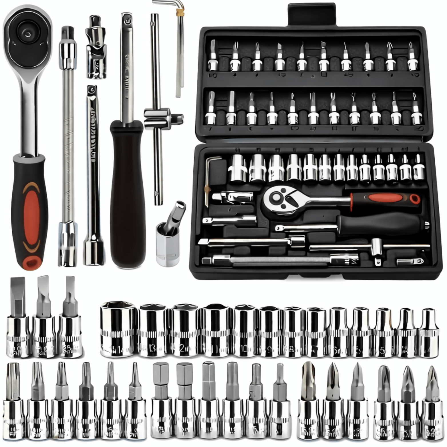 Uitgebreide doppenset met ratel, verlengstukken en bits, ideaal voor precisieklussen en onderhoud.