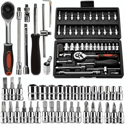 Uitgebreide doppenset met ratel, verlengstukken en bits, ideaal voor precisieklussen en onderhoud.