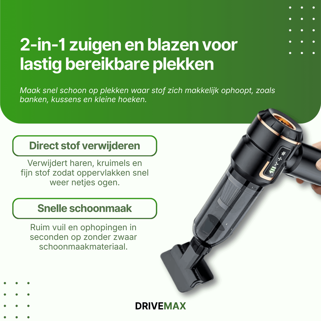 Zwarte draadloze kruimeldief met transparante stofcontainer en opzetstuk voor zuigen en blazen.