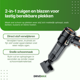 Zwarte draadloze kruimeldief met transparante stofcontainer en opzetstuk voor zuigen en blazen.