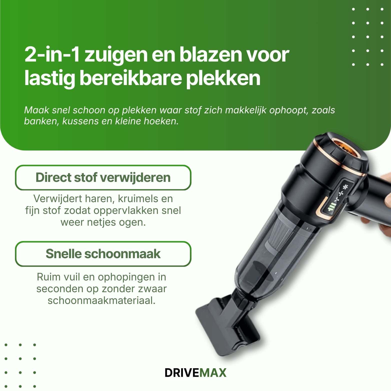 Zwarte draadloze kruimeldief met transparante stofcontainer en opzetstuk voor zuigen en blazen.