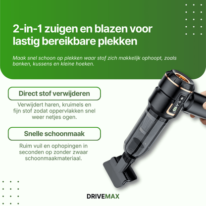 Zwarte draadloze kruimeldief met transparante stofcontainer en opzetstuk voor zuigen en blazen.