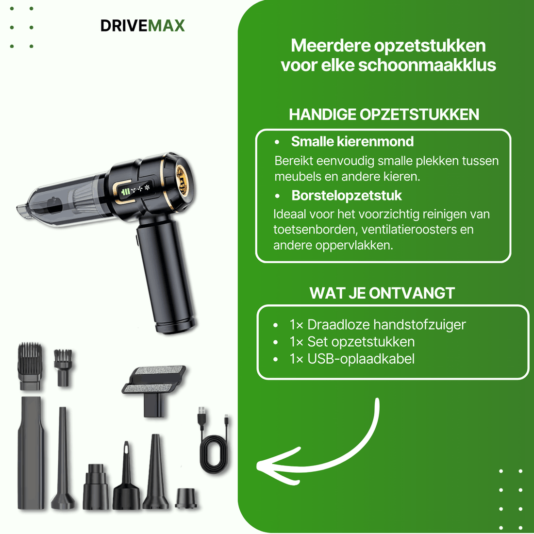 Zwarte draadloze kruimeldief met meerdere opzetstukken en USB-oplaadkabel voor verschillende schoonmaaktaken.