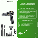 Zwarte draadloze kruimeldief met meerdere opzetstukken en USB-oplaadkabel voor verschillende schoonmaaktaken.