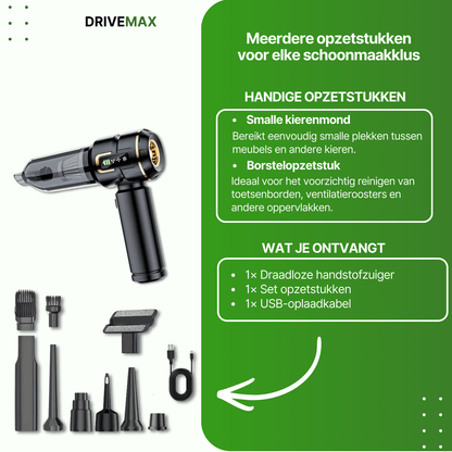 Zwarte draadloze kruimeldief met meerdere opzetstukken en USB-oplaadkabel voor verschillende schoonmaaktaken.