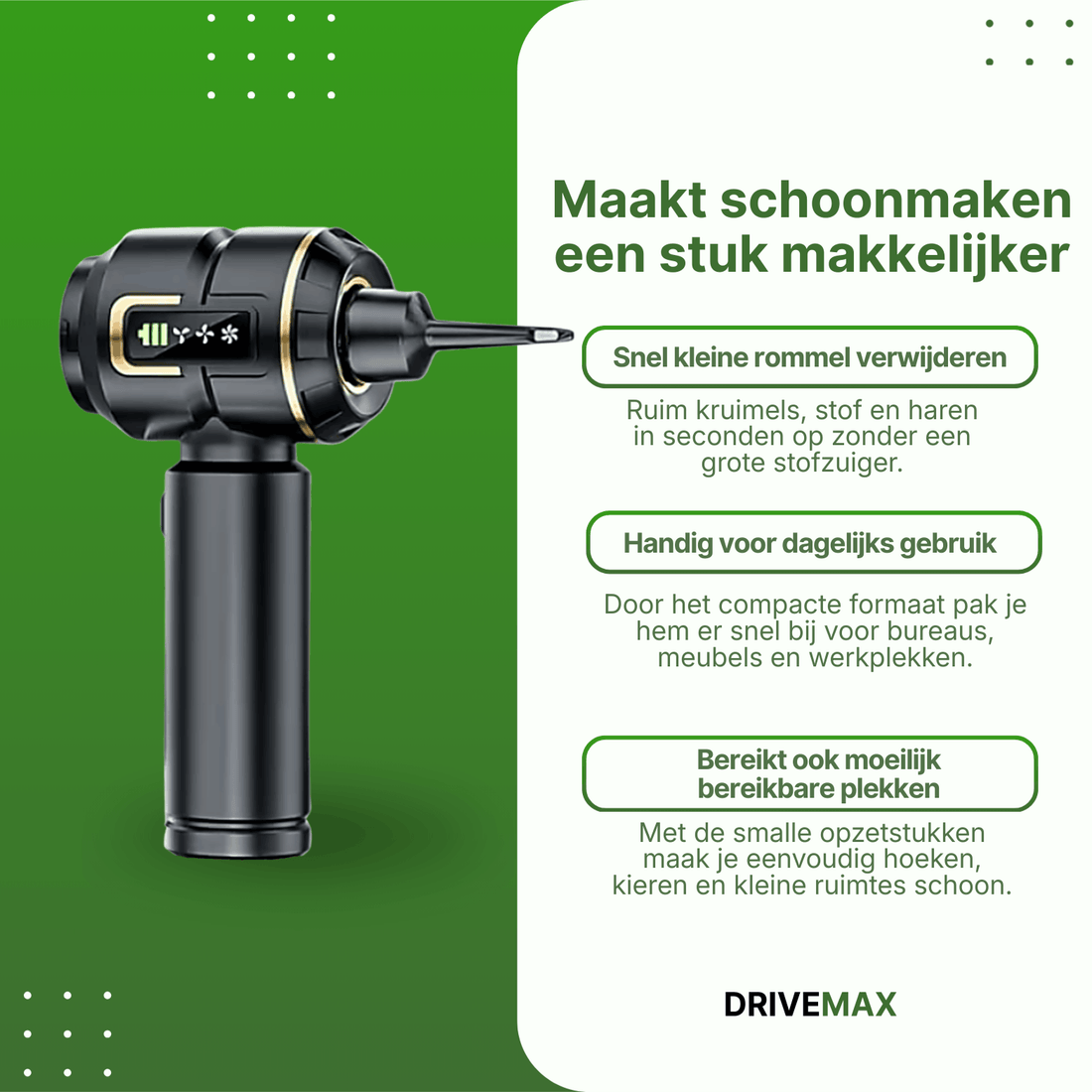 Zwarte draadloze kruimeldief met smal spleetmondstuk en transparante stofcontainer voor kleine schoonmaakklussen.