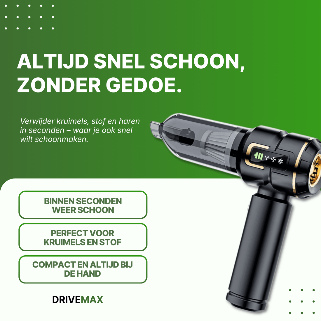 Zwarte draadloze kruimeldief met transparante stofcontainer op groene promotieachtergrond met tekst over snel schoonmaken.