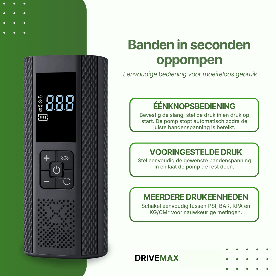 Zwarte draagbare luchtcompressor met digitaal display naast tekst over banden oppompen in seconden.