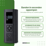 Zwarte draagbare luchtcompressor met digitaal display naast tekst over banden oppompen in seconden.