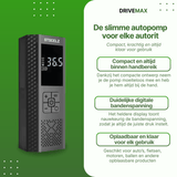 Zwarte draagbare luchtcompressor met digitaal display naast een lijst met productkenmerken op groene achtergrond.