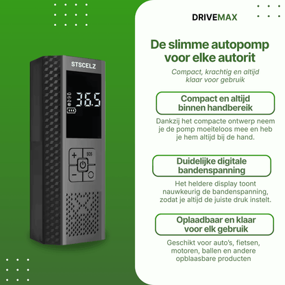 Zwarte draagbare luchtcompressor met digitaal display naast een lijst met productkenmerken op groene achtergrond.