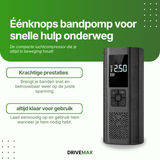 Zwarte draagbare luchtcompressor met digitaal display naast promotietekst over een bandpomp met één knop.