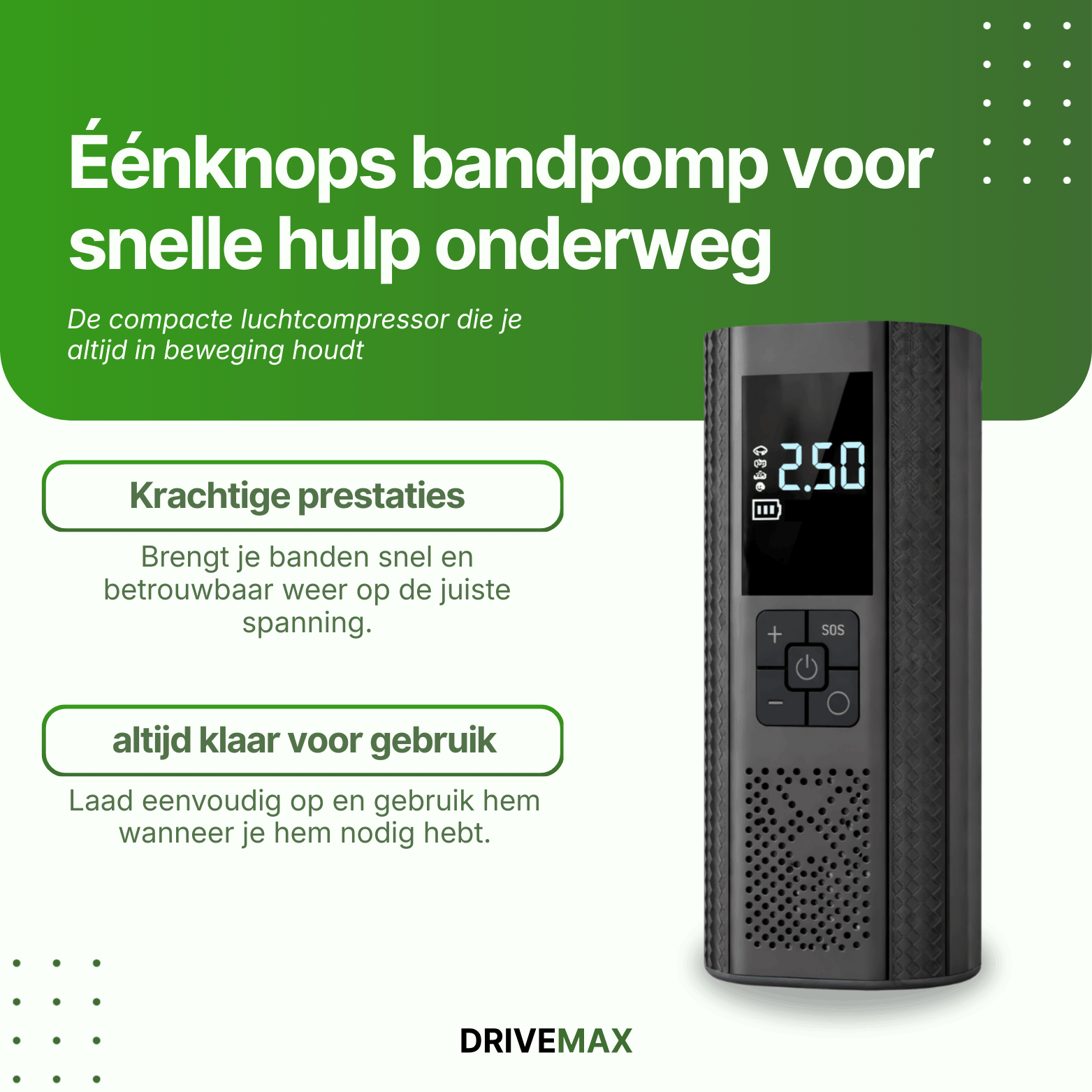 Zwarte draagbare luchtcompressor met digitaal display naast promotietekst over een bandpomp met één knop.