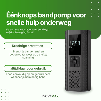 Zwarte draagbare luchtcompressor met digitaal display naast promotietekst over een bandpomp met één knop.