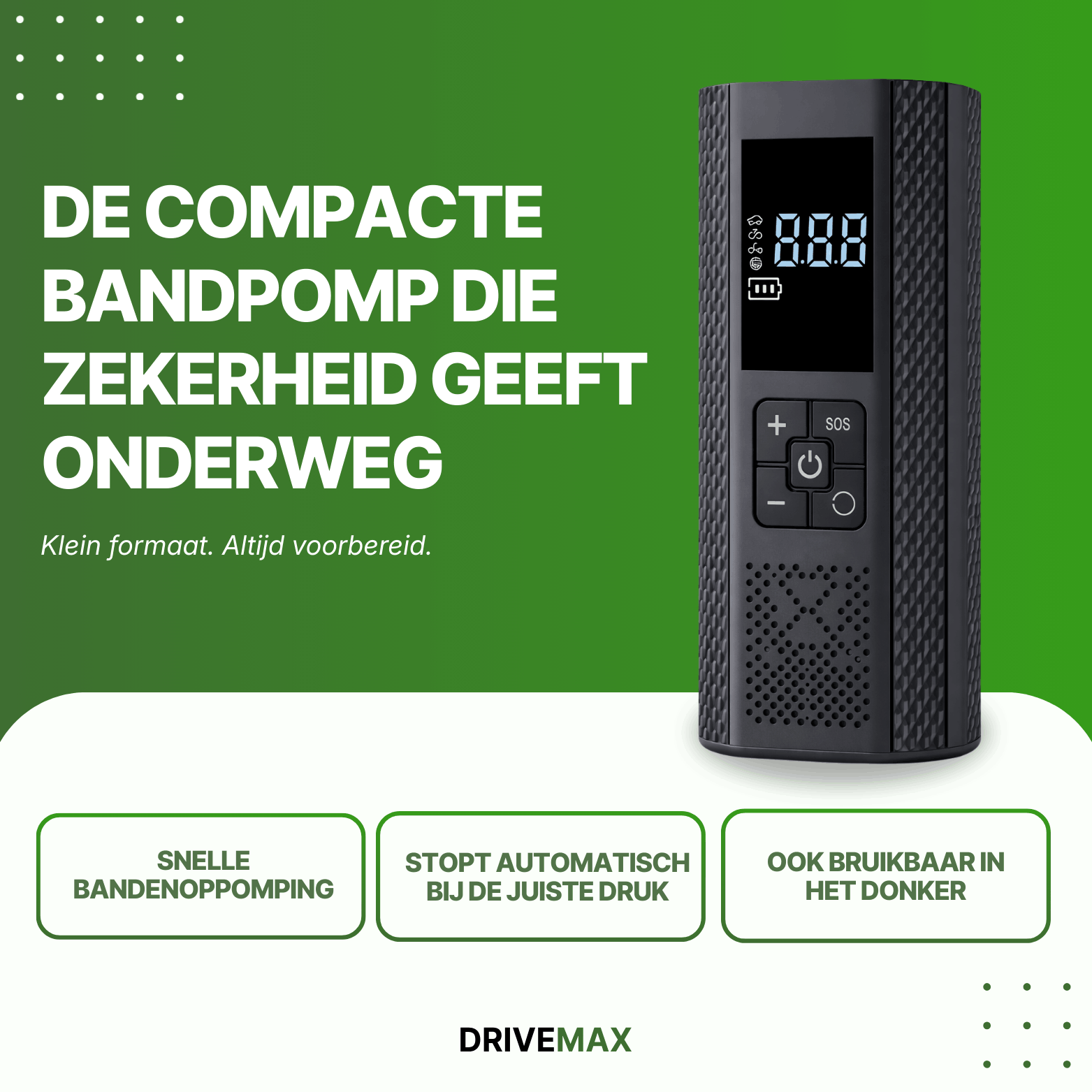 Zwarte draagbare luchtcompressor met digitaal display op groene promotieachtergrond met tekst over compacte bandpomp.