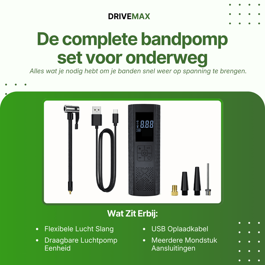 Zwarte draagbare luchtcompressor met digitaal display samen met luchtslang, USB-kabel en opzetstukken.