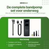 Zwarte draagbare luchtcompressor met digitaal display samen met luchtslang, USB-kabel en opzetstukken.