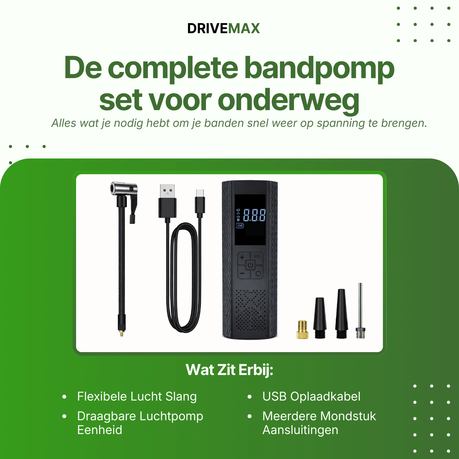 Zwarte draagbare luchtcompressor met digitaal display samen met luchtslang, USB-kabel en opzetstukken.