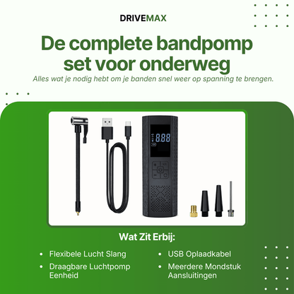 Zwarte draagbare luchtcompressor met digitaal display samen met luchtslang, USB-kabel en opzetstukken.