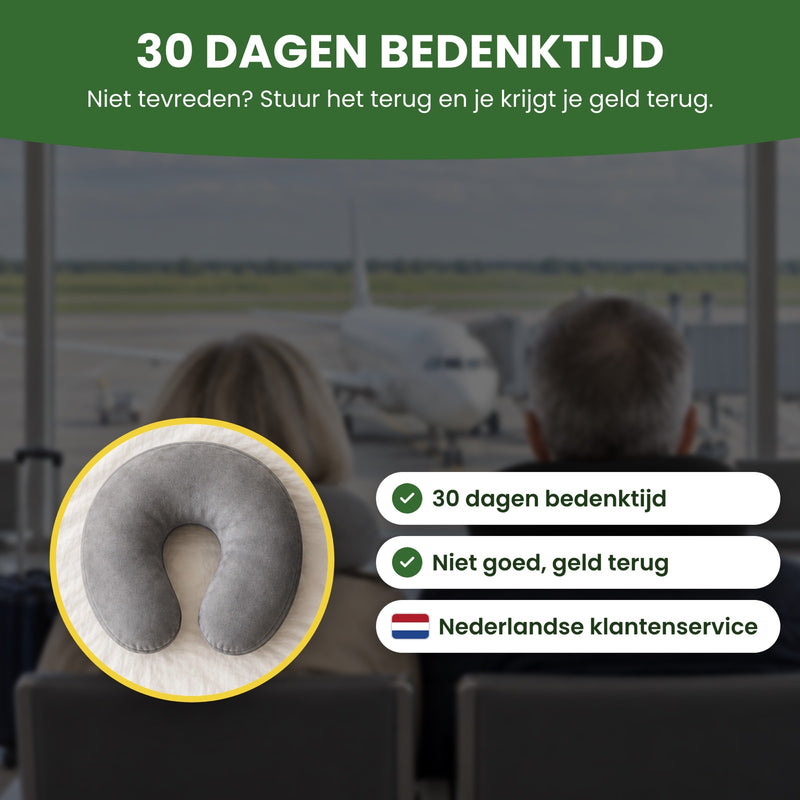 Grijs DreamRest nekkussen met 30 dagen bedenktijd, niet goed geld terug en Nederlandse klantenservice