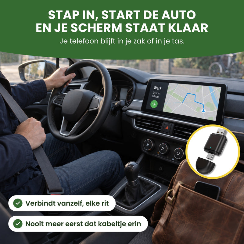 Bestuurder doet zijn gordel om, de telefoon zit in de tas en het autoscherm toont de route: stap in, start de auto en je scherm staat klaar