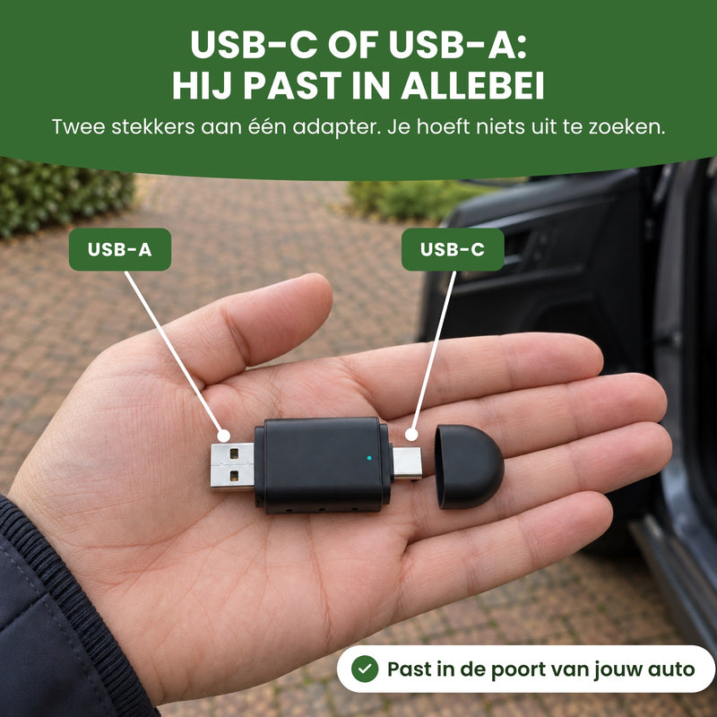 DriveLink op een open hand met de USB-A-stekker links, de USB-C-stekker rechts en het dopje ernaast: hij past in allebei
