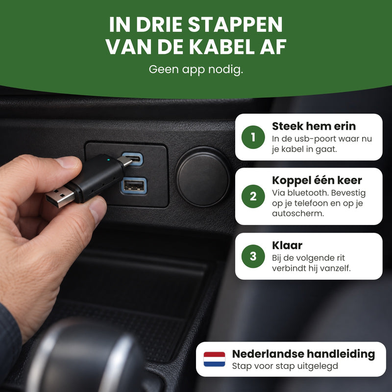 Hand steekt de DriveLink in de usb-poort van de auto: in drie stappen van de kabel af, met Nederlandse handleiding