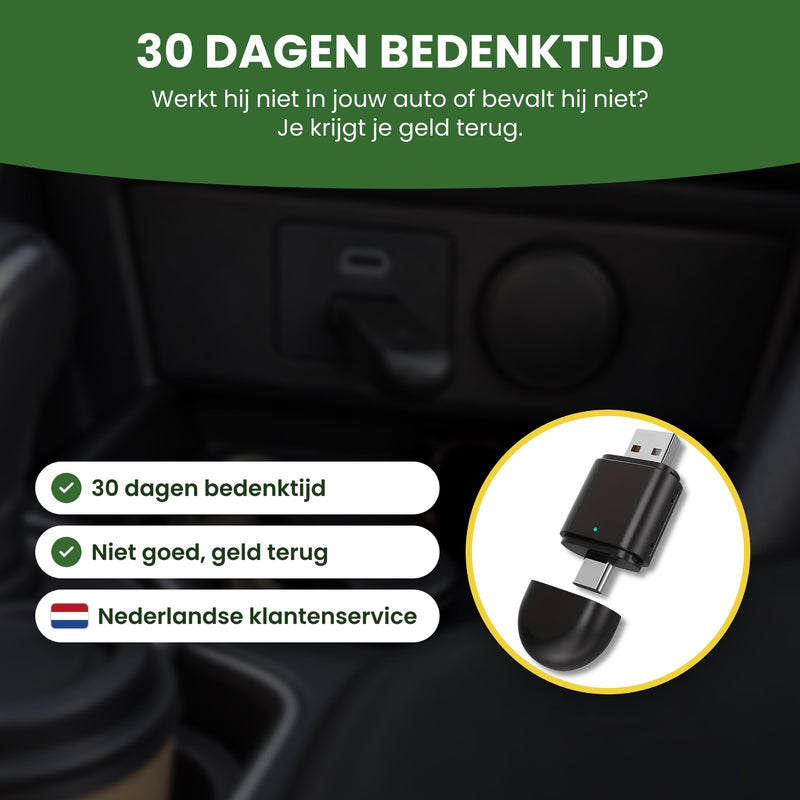 DriveLink CarPlay-adapter met 30 dagen bedenktijd, niet goed geld terug en Nederlandse klantenservice