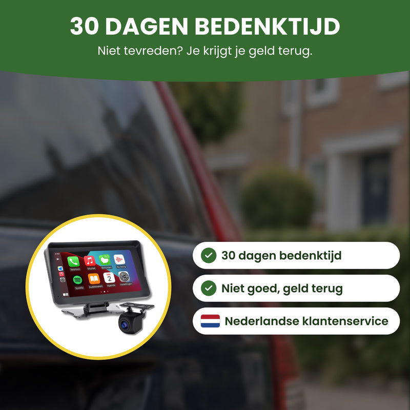 DriveMate One CarPlay-scherm met achteruitrijcamera in een cirkel: 30 dagen bedenktijd, niet goed geld terug, Nederlandse klantenservice