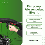 Hand die een zwarte DriveMax fietspomp gebruikt op een mountainbikeband tegen groene achtergrond.