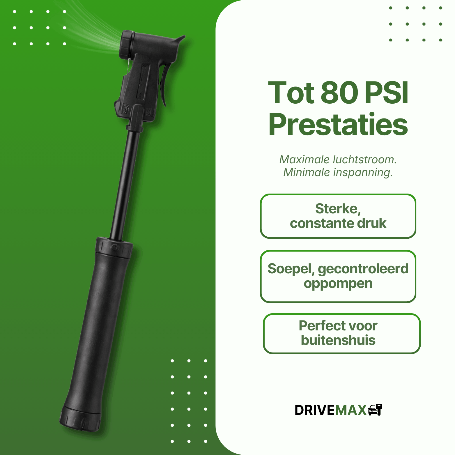 Zwarte DriveMax fietspomp in uitgeschoven positie met zichtbare luchtstroom op groene achtergrond.