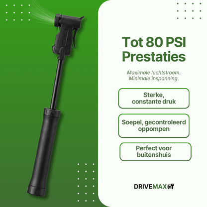 Zwarte DriveMax fietspomp in uitgeschoven positie met zichtbare luchtstroom op groene achtergrond.