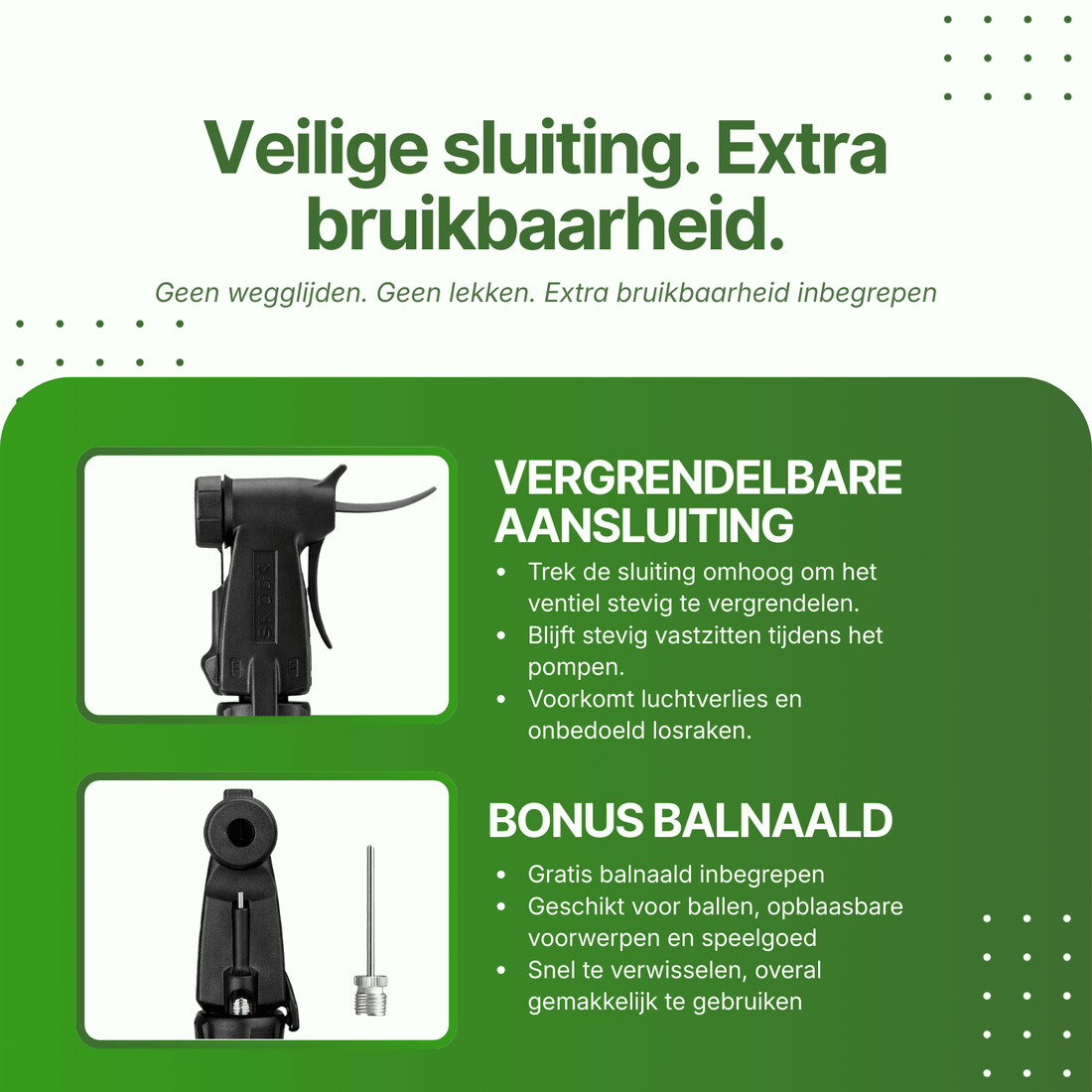 Close-up van de DriveMax fietspomp met vergrendelbare aansluiting en losse balnaaldaccessoire.