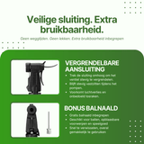 Close-up van de DriveMax fietspomp met vergrendelbare aansluiting en losse balnaaldaccessoire.